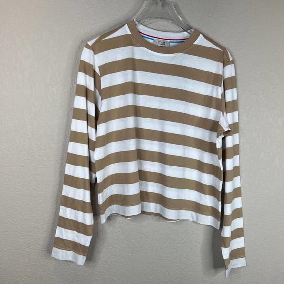 AYR Women's Pima Cotton Striped Slushy T-Shirts Long Sleeve Tan/White Size S - Picture 1 of 12
